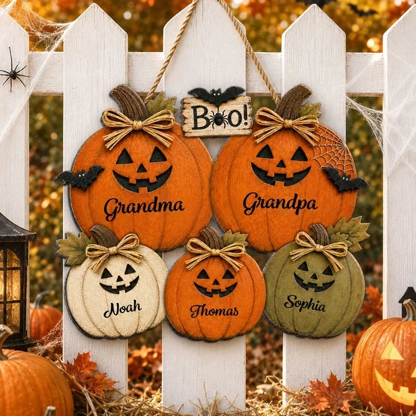 Personalized Wooden Sign with Grandma and Grandpa Pumpkins, Rustic Halloween Door Decor, Unique Gift for Grandparents