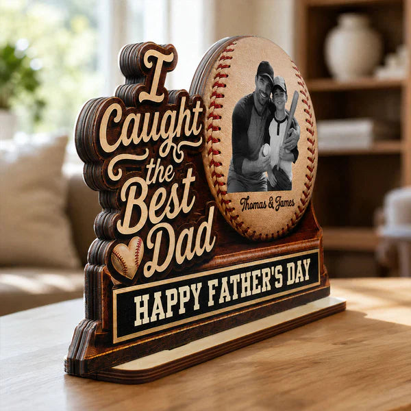 Personalized 2-Layer Wooden Plaque, Baseball Dad Photo Display, Unique Gift for Father's Day