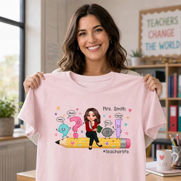 Personalized Classic Tee with Cartoon Teacher on Pencil, Colorful Grammar Design, Unique Gift for Educators