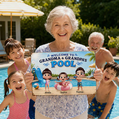 Personalized Rectangular Iron Sign, Kids Playing by Sunny Pool, Unique Gift for Grandma & Grandpa