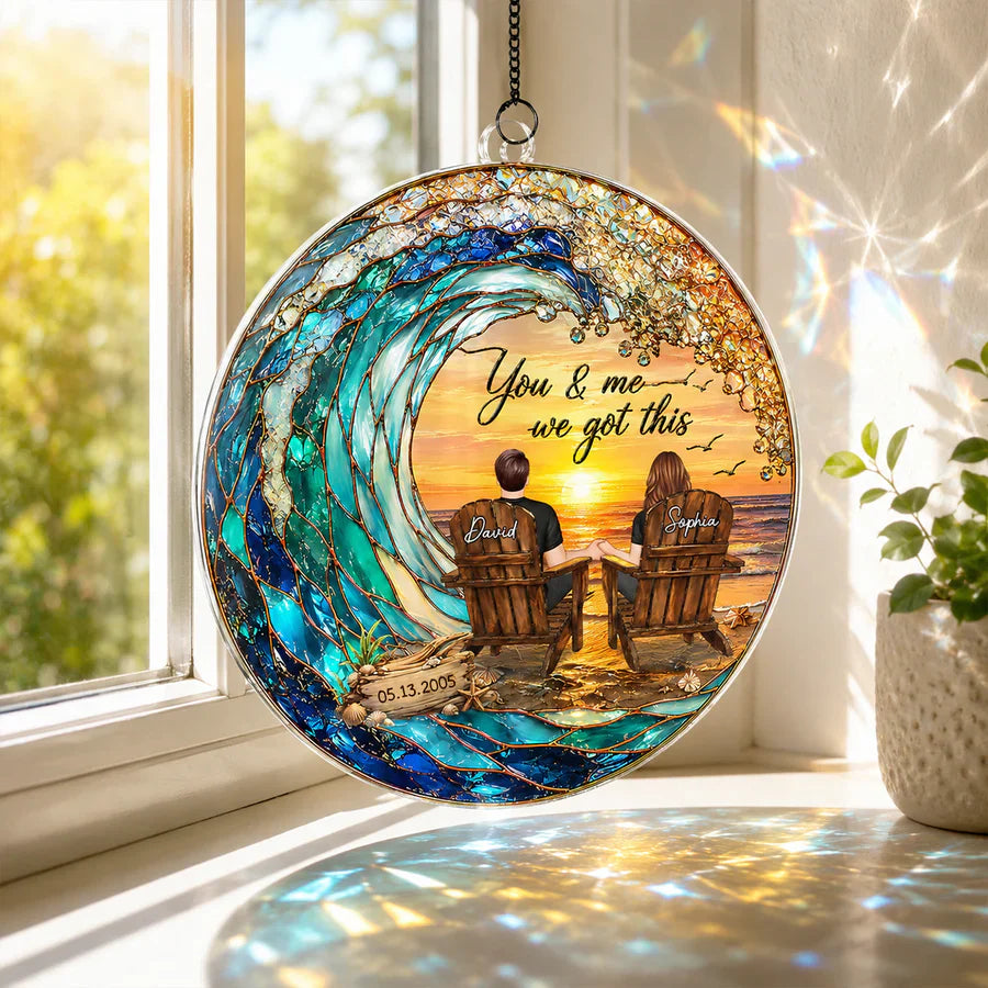 Custom Acrylic Suncatcher Ornament with You & Me Beach Art, Creative Gift for a Couple, Warm Window Glow