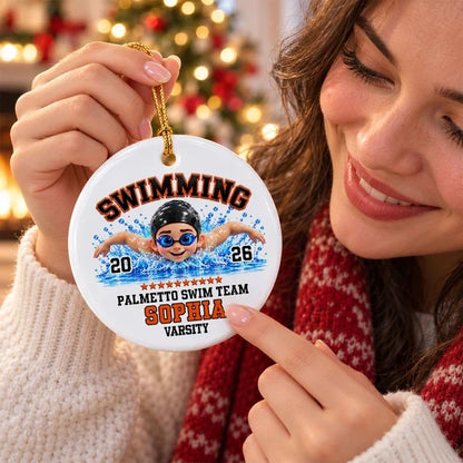 Personalized Swimming Ceramic Ornament, Colorful Swimmer in Action, Unique Christmas Gift for Son or Daughter