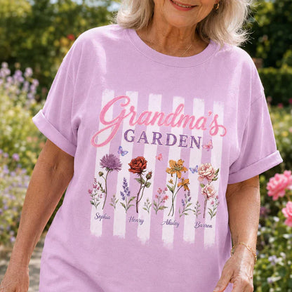Personalized Grandma's Garden Classic Tee, Floral Stripe Unique Gift for Grandma
