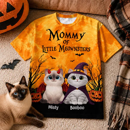 Personalized Printed Classic Tee for Cat Mom, Halloween Cats With Pumpkins & Bats, Unique Gift