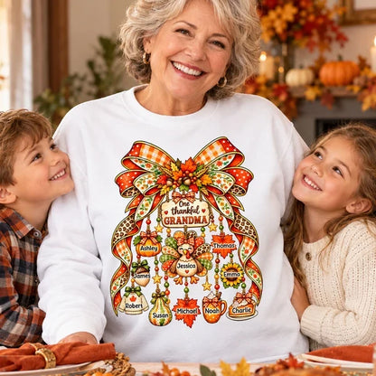 Personalized Thankful Grandma Classic Tee, Autumn Bow and Turkey Design, Unique Thanksgiving Gift for Grandma