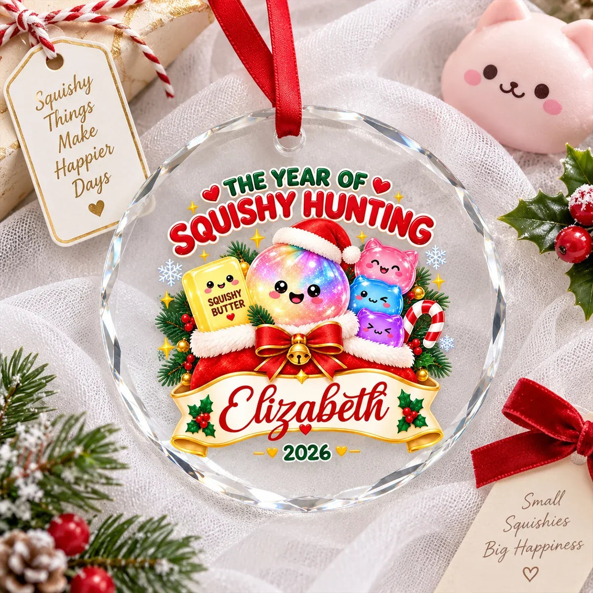 Personalized Crystal Ornament, Kawaii Squishy Hunting on a Christmas Tree, Unique Gift for Kids