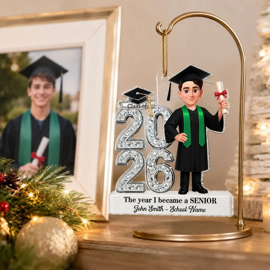 2-Layer Wooden Plaque, Personalized Class of Keepsake with Graduate in Cap and Gown, Unique Graduation Gift