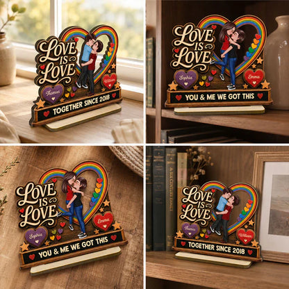 Personalized 2-Layer Wooden Plaque, Kissing LGBTQ Couple With Rainbow Heart, Unique Gift for Partner