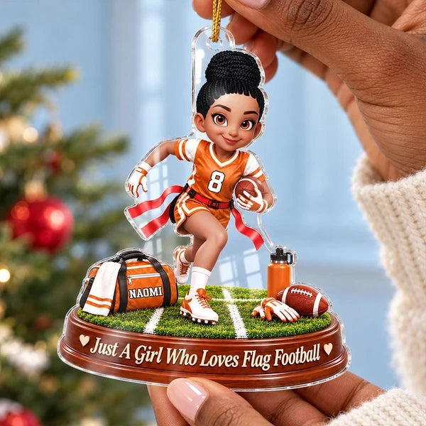 Personalized Acrylic Ornament, Flag Football Girl Running on Field, Unique Christmas Gift for Daughter