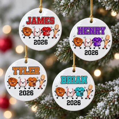 Personalized Ceramic Ornament with Cute Baseball Gear, Unique Christmas Gift for Players and Baseball Fans