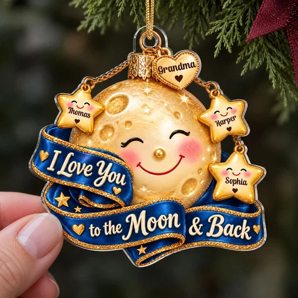 Personalized Acrylic Ornament, Smiling Moon & Stars on Christmas Tree, Unique Gift for Grandma