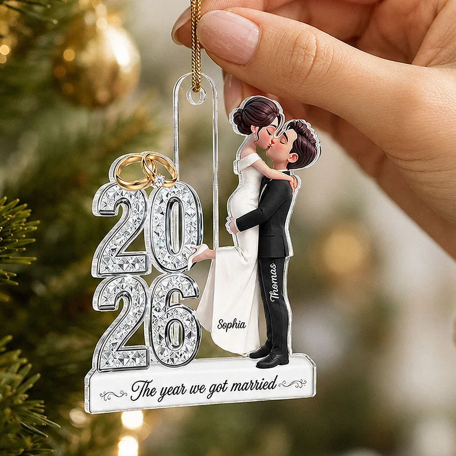 Personalized Acrylic Ornament with Kissing Newlyweds, Unique Wedding Keepsake Gift for Couples