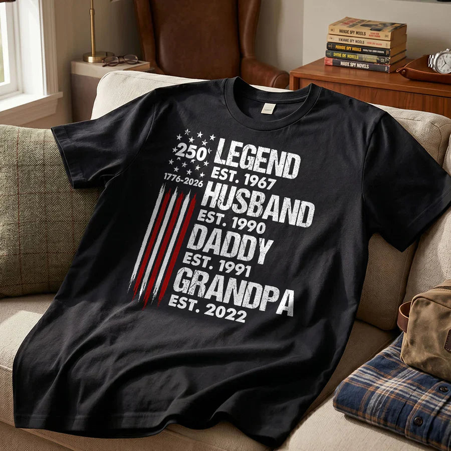 Personalized 250 Legend Classic Tee, Front Porch American Flag Unique Gift for Dad & Grandpa