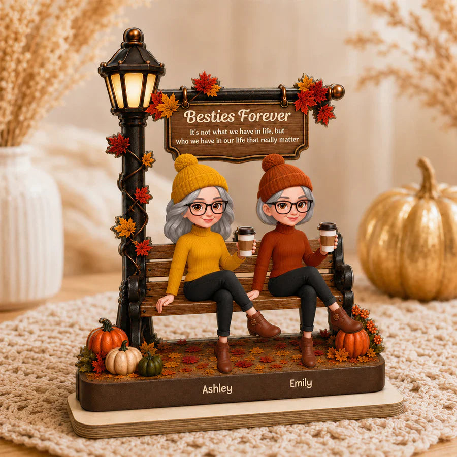 Personalized 2-Layer Wooden Plaque, Fall Besties Sitting Under Lamp Post, Unique Gift for Friend