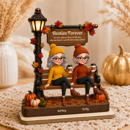 Personalized 2-Layer Wooden Plaque, Fall Besties Sitting Under Lamp Post, Unique Gift for Friend