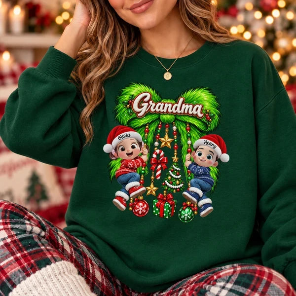 Personalized Sweatshirt with Grandkids on a Green Christmas Bow, Unique Gift for Grandma
