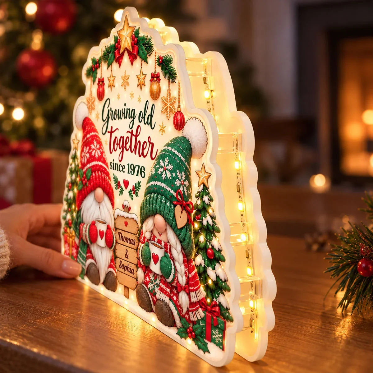 Personalized Acrylic Light Box, Gnome Couple Holding Mugs in a Snowy Christmas Scene, Unique Gift for Couples