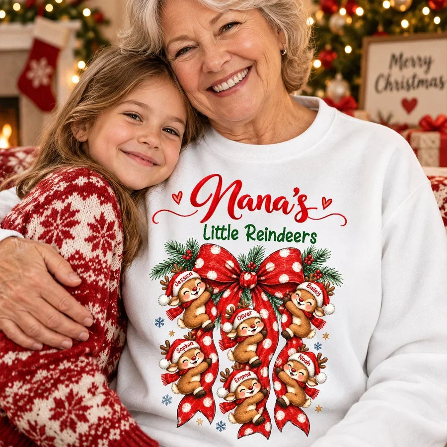 Personalized Grandma Christmas Sweatshirt, Cute Reindeer Hugging Red Bow, Unique Family Gift