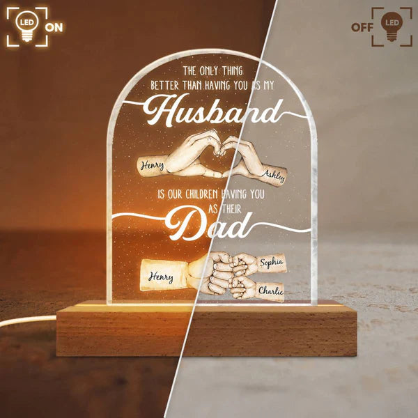 Personalized Block LED Light Plaque with Hand Heart Art, Unique Bedside Gift for Husband & Dad