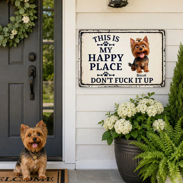 Personalized Rectangular Iron Sign With Cartoon Dog, Happy Place Decor, Unique Gift For Dog Lovers