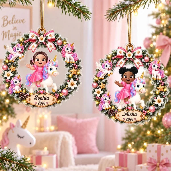 Personalized Acrylic Ornament, Cartoon Child Riding a Unicorn in a Christmas Wreath, Unique Gift for Kids