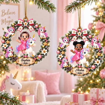 Personalized Acrylic Ornament, Cartoon Child Riding a Unicorn in a Christmas Wreath, Unique Gift for Kids