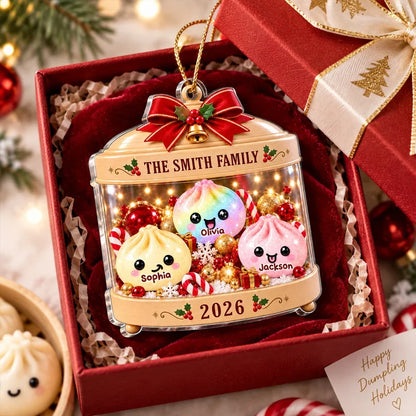 Personalized Acrylic Ornament, Cute Pastel Dumpling Family in Festive Candy Display, Unique Christmas Gift for Family