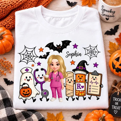 Classic Tee with Personalized Halloween Nurse Holding Coffee, Playful Medical Art, Creative Gift for a Nurse
