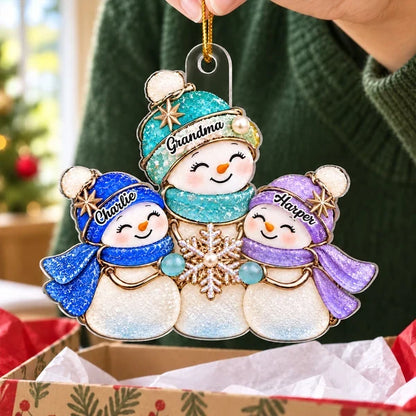 Personalized Acrylic Ornament, Teal and Blue Grandma and Grandchild Snowmen, Unique Christmas Gift for Grandma