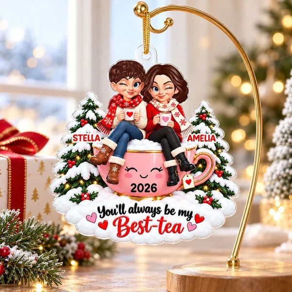Personalized Acrylic Ornament, Friends Sharing Tea, Heartwarming Christmas Keepsake and Creative Gift for a Close Friend