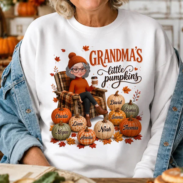 Personalized Grandma Sweatshirt, Seated Grandma with Coffee & Pumpkins, Unique Fall Gift