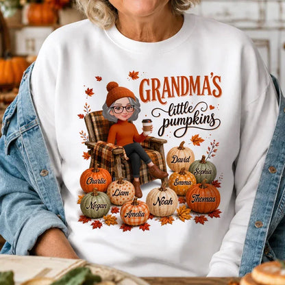 Personalized Grandma Sweatshirt, Seated Grandma with Coffee & Pumpkins, Unique Fall Gift