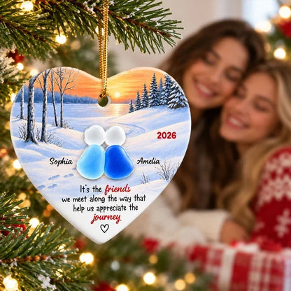 Personalized Heart Ornament, Friends Sitting Together at a Winter Sunset, Unique Christmas Gift for a Close Friend