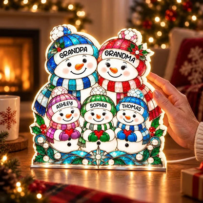 Personalized Gathered Snowman Family Acrylic Light Box, Colorful Christmas Decor, Unique Gift for Grandparents