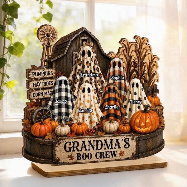 Personalized 2-Layer Wooden Plaque With Grandma's Boo Crew Pumpkin Patch, Unique Halloween Gift for Grandma