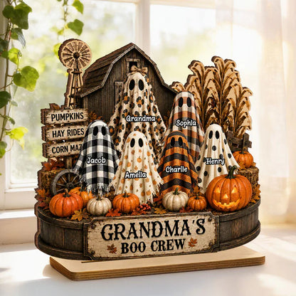 Personalized 2-Layer Wooden Plaque With Grandma's Boo Crew Pumpkin Patch, Unique Halloween Gift for Grandma