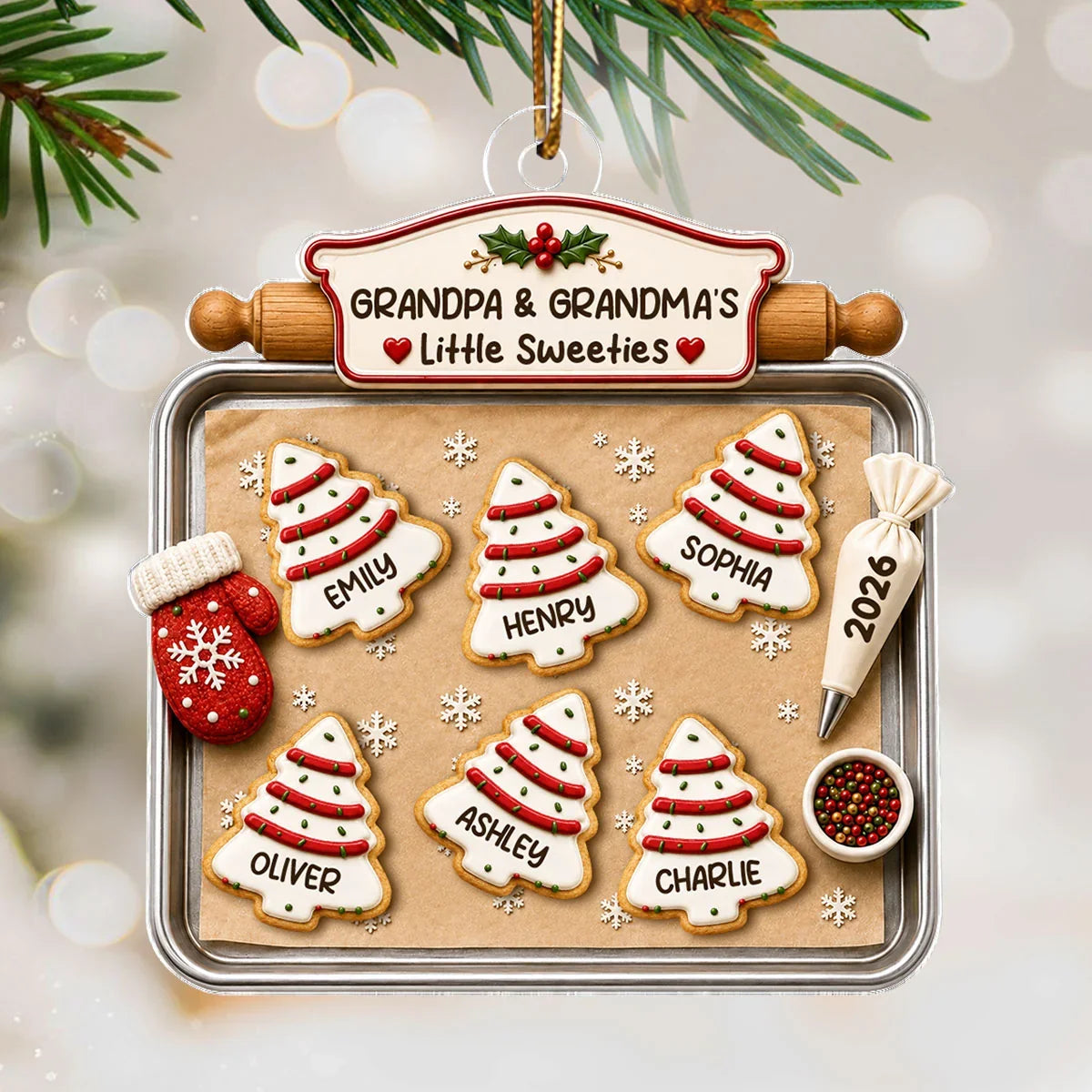 Personalized Acrylic Ornament, Red & Green Christmas Tree Cookies, Heartwarming Creative Gift for Grandparents