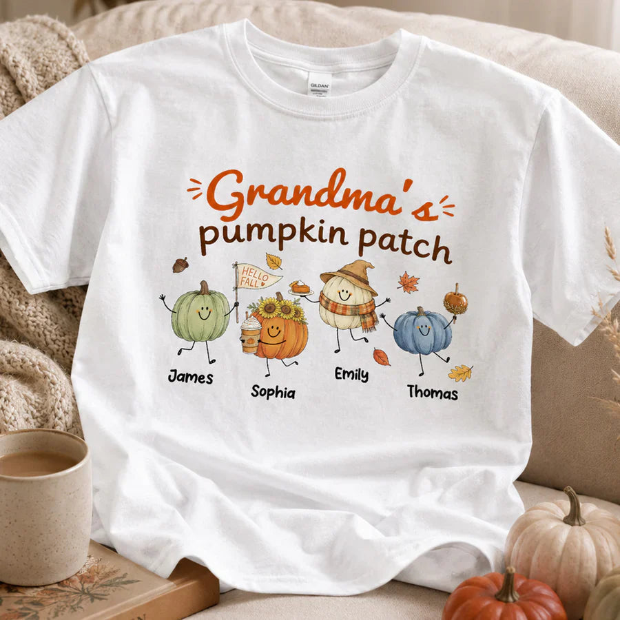Personalized Grandma Pumpkin Patch Classic Tee, Cute Fall Characters, Unique Gift for Grandma