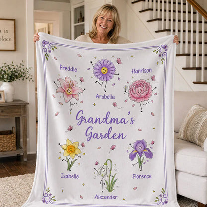 Personalized Fleece Blanket Held by Kids, Grandma's Garden Birth Flower Doodles, Unique Gift for Grandma