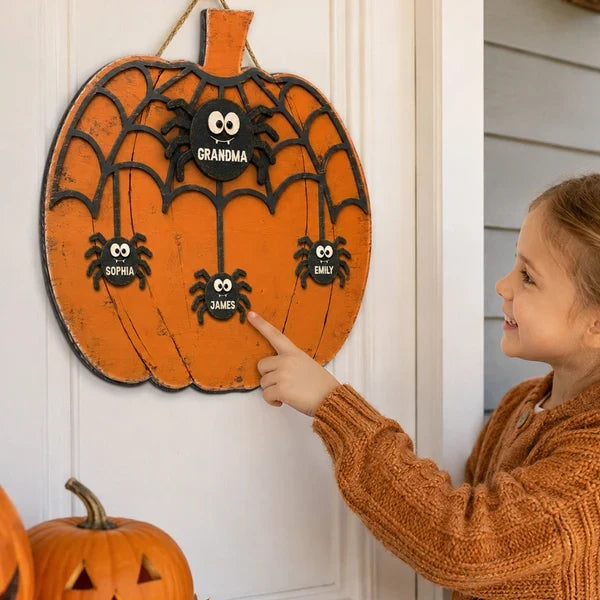 Grandma and Grandkids Wooden Sign, Rustic Orange Halloween Spider Web, Personalized Creative Family Gift