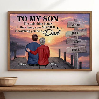 Personalized Poster for Son, Custom Family Signpost Sunset Lake Art, Unique Father's Day Gift from Mom