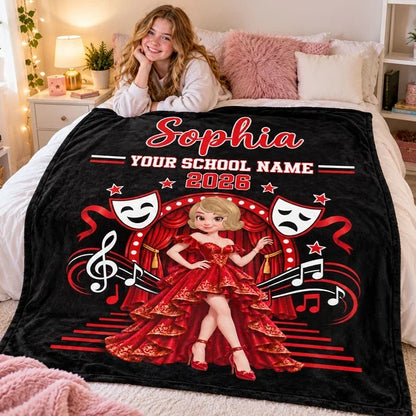 Personalized Fleece Blanket Featuring a Posing Theater Girl on a Red Stage, Unique Gift for Drama Students