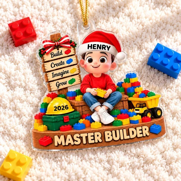 Personalized Acrylic Ornament, Cute Builder Kid Sitting with Blocks, Unique Christmas Gift for Son