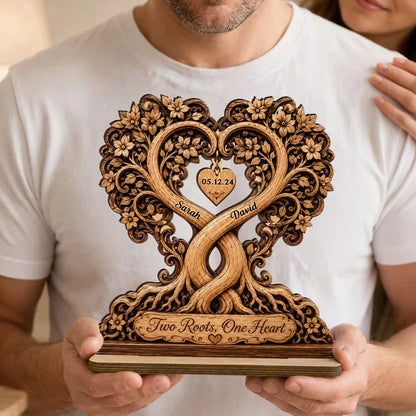 Personalized 2-Layer Wooden Plaque, Two Roots One Heart Couple Keepsake, Unique Gift for Partners