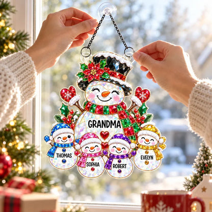 Personalized Grandma Snowman Acrylic Suncatcher Ornament, Colorful Christmas Window Decor, Unique Gift for Grandma