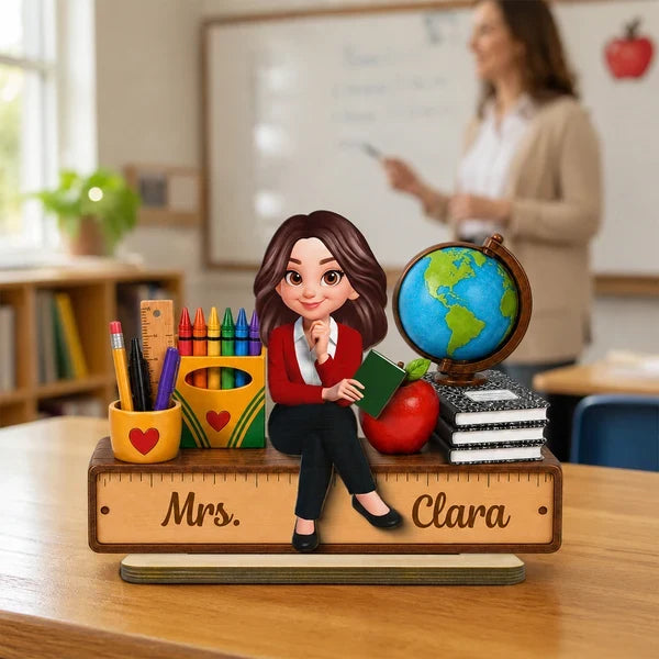 Teacher Wooden Plaque With Apple, Globe & Crayons, Personalized Creative Gift For Classroom Decor