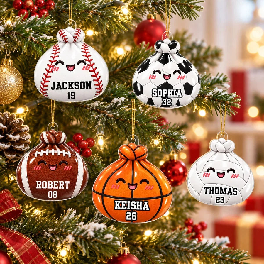 Personalized Dumpling Acrylic Ornament, Smiling Sports Balls on a Lit Christmas Tree, Unique Gift for Athletes