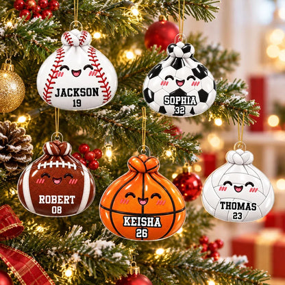 Personalized Dumpling Acrylic Ornament, Smiling Sports Balls on a Lit Christmas Tree, Unique Gift for Athletes
