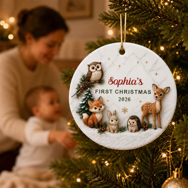 Ceramic Ornament, Personalized First Christmas Woodland Animals, Unique Gift for Baby & Family