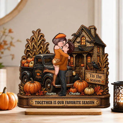 Personalized 2-Layer Wooden Plaque, Fall Couple Hugging at Haunted House, Unique Gift for Couple
